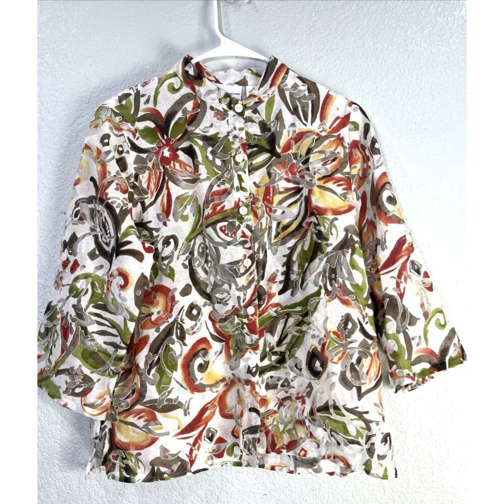 Alfred Dunner Blouse 10P Multi Floral Burnout‎ Mandarin Collar Mature Lagenlook